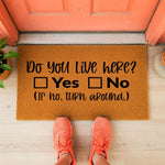 a door mat that says do you live here? yes no if no turn around