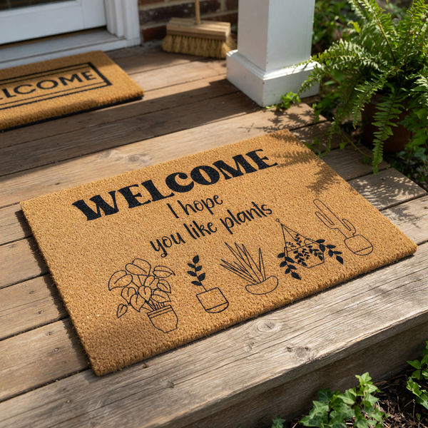 a textured area rug with a welcoming message and illustrations of various potted plants.