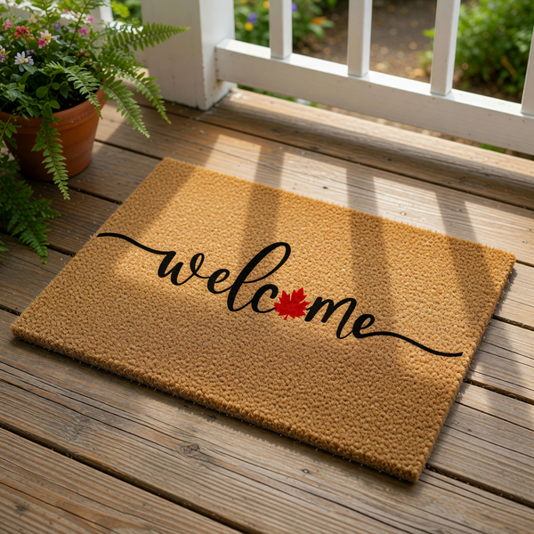 A textured, beige-colored welcome mat with the word "welcome" written in a cursive font.