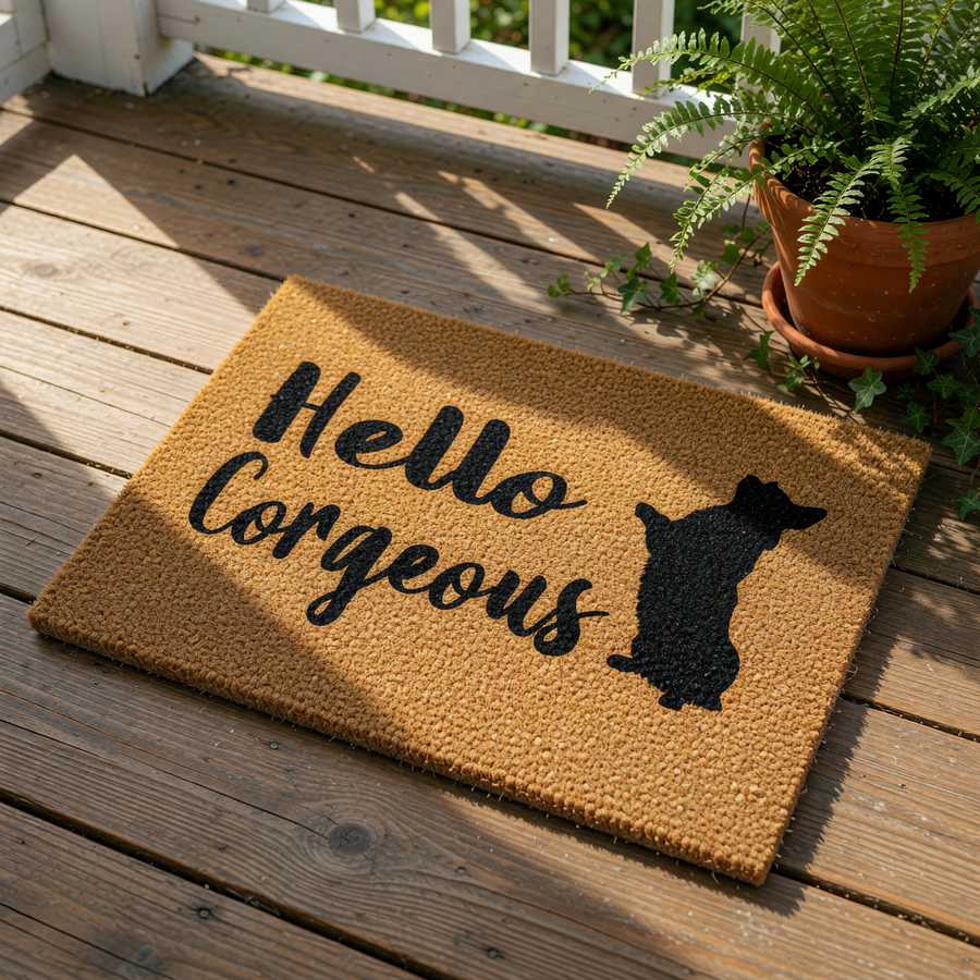 A textured door mat with the phrase "Hello Gorgeous" printed on it, along with a silhouette of a dog.