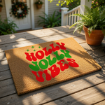a christmas door mat with the words holly jolly vibes on it