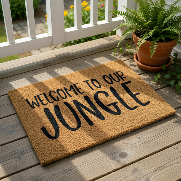 A textured area rug with the phrase "Welcome to our jungle" printed on it.