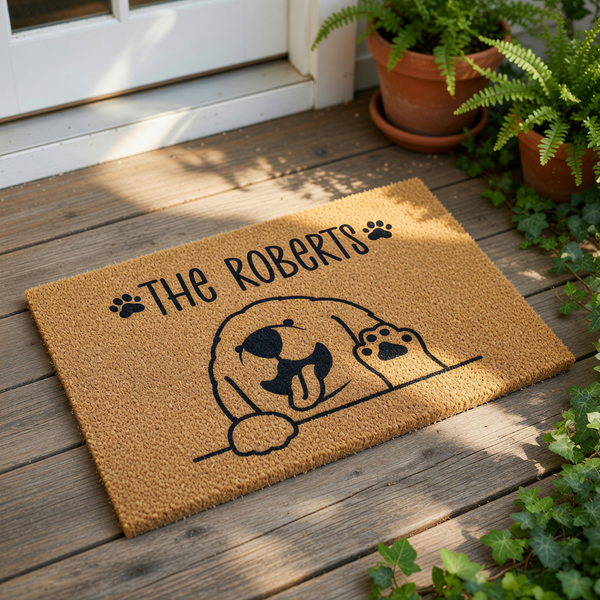 A door mat with a cartoon dog illustration and the text "The Roberts" above it.