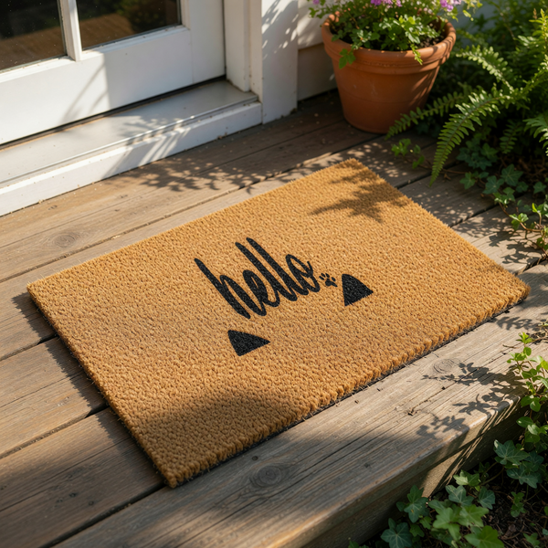 A black cat silhouette with the word "Hello" written above it, placed on a beige carpet.