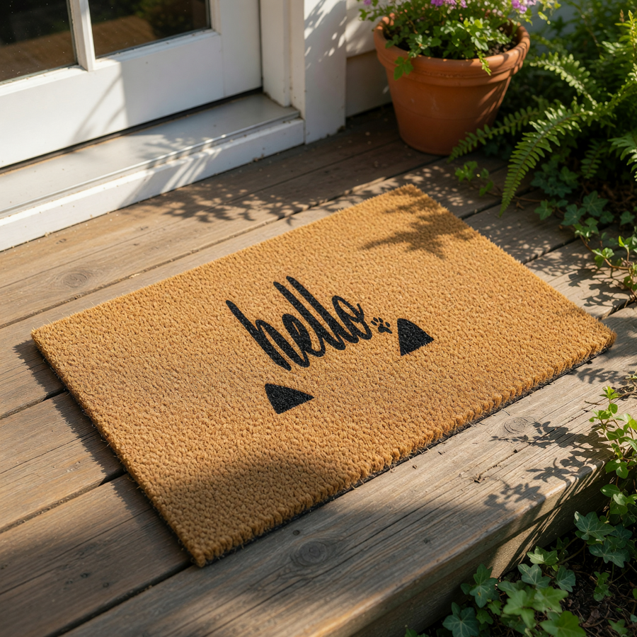 A black cat silhouette with the word "Hello" written above it, placed on a beige carpet.