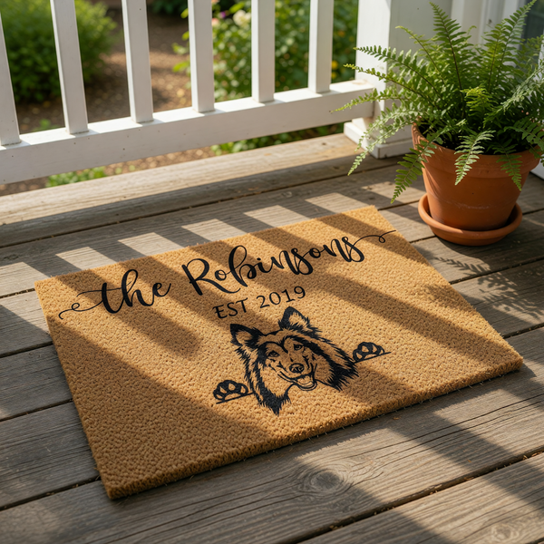 The image is a rectangular, beige-colored doormat with a black and white illustration of a dog's head and paw prints.