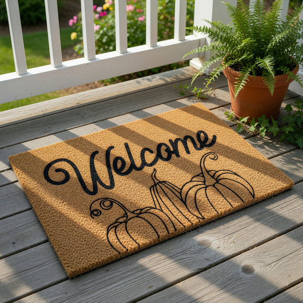A welcome mat with the word "Welcome" written on it, along with three stylized pumpkins.