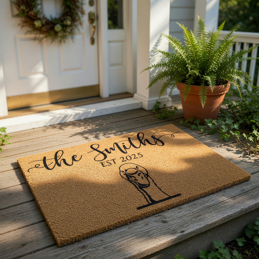 The image is a rectangular, beige-colored doormat with a black text logo and a black illustration of a person's head.