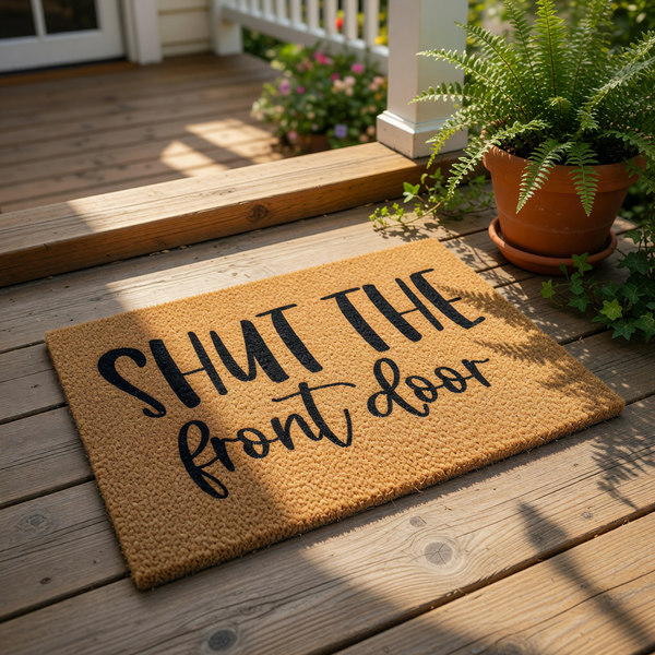 A textured doormat with the phrase "SHUT THE FRONT DOOR" printed on it.
