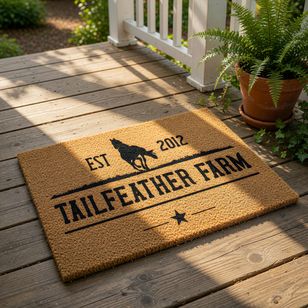 a logo for a farm called "Tailfeather Farm" with a horse silhouette and the year "2012" below it.
