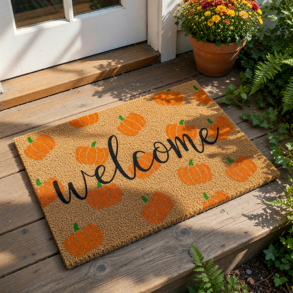 a mat with a repeating pattern of orange pumpkins and the word "welcome" written in black cursive font.