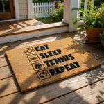 A wooden door mat with the text "EAT SLEEP TENNIS REPEAT" printed on it, along with icons representing different activities.
