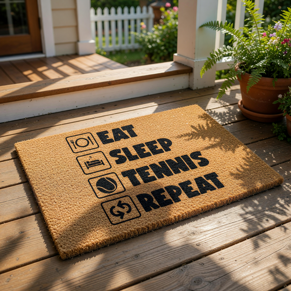 A wooden door mat with the text "EAT SLEEP TENNIS REPEAT" printed on it, along with icons representing different activities.