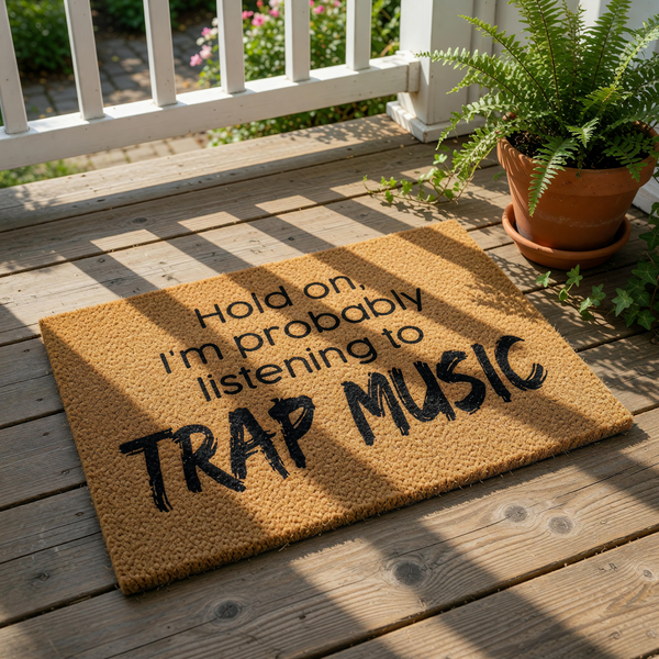 a textured brown doormat with the text "Hold on, I'm probably listening to TRAP MUSIC" printed on it.