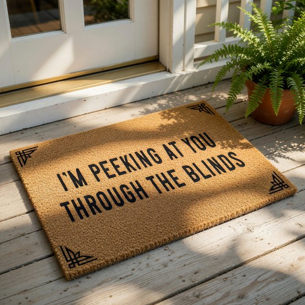 A textured doormat with the phrase "I'm peeking at you through the blinds" printed on it.