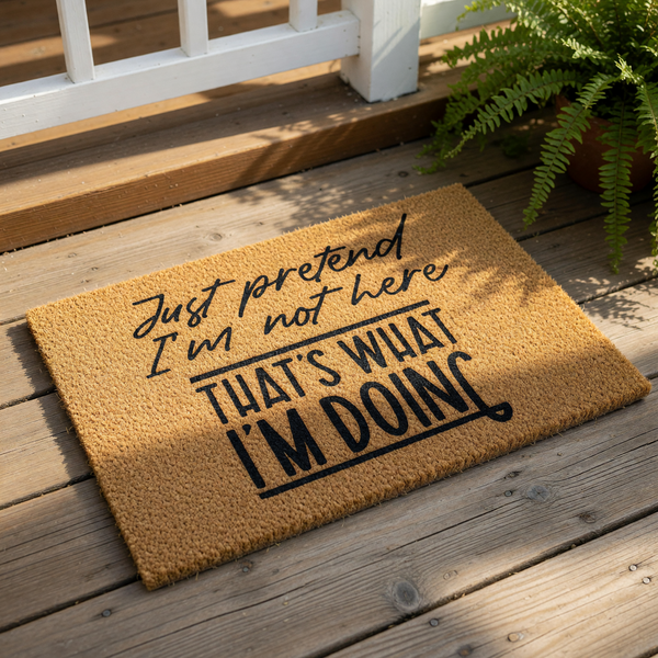 A textured doormat with the phrase "Just pretend I'm not here, that's what I'm doing" printed on it, along with a pair of feet positioned in front of it.