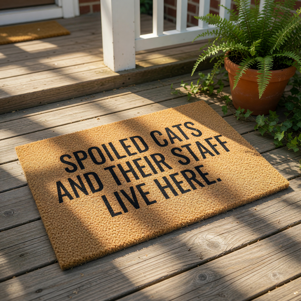 A textured doormat with the phrase "Spoiled Cats and their Staff Live Here" printed on it.