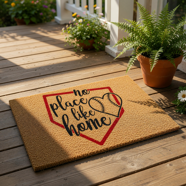 a door with a large window, a door mat with a baseball design and the text "no place like home", and two wooden chairs on either side of the door.