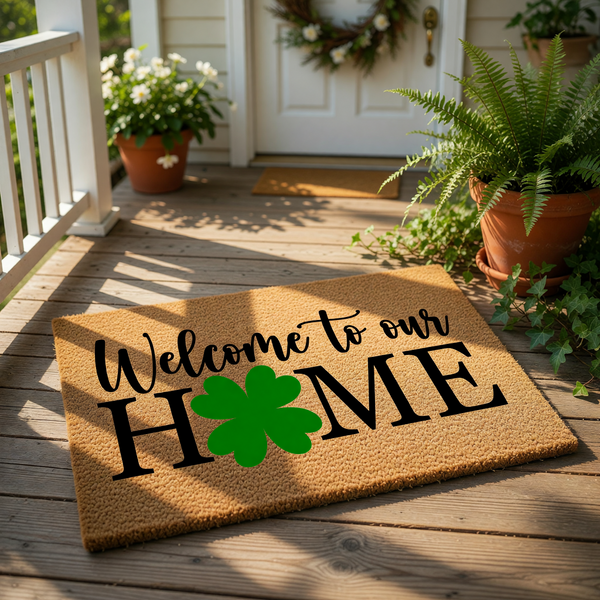 A welcome mat with the text "Welcome to our HOME" and a green four-leaf clover symbol.