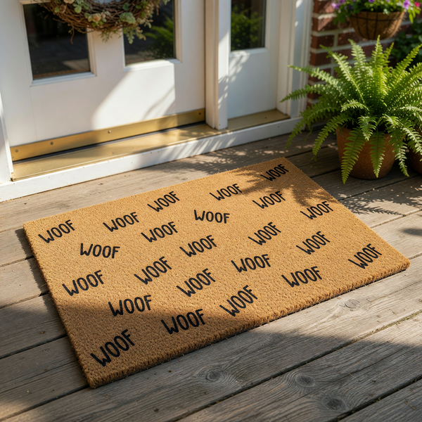 a brown doormat with the word "WOOF" written on it in a repeating pattern.