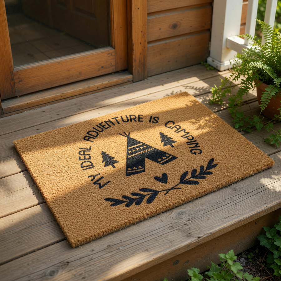 A beige carpet with a black graphic design featuring a teepee, trees, and a heart symbol, along with the text "My ideal adventure is camping".