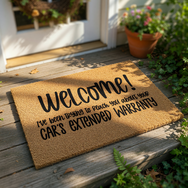 a textured area rug with a humorous message on it.