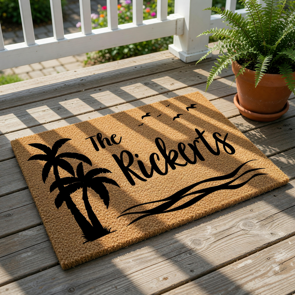 A decorative doormat with a palm tree and birds design, along with the text "The Rickerts" printed on it.