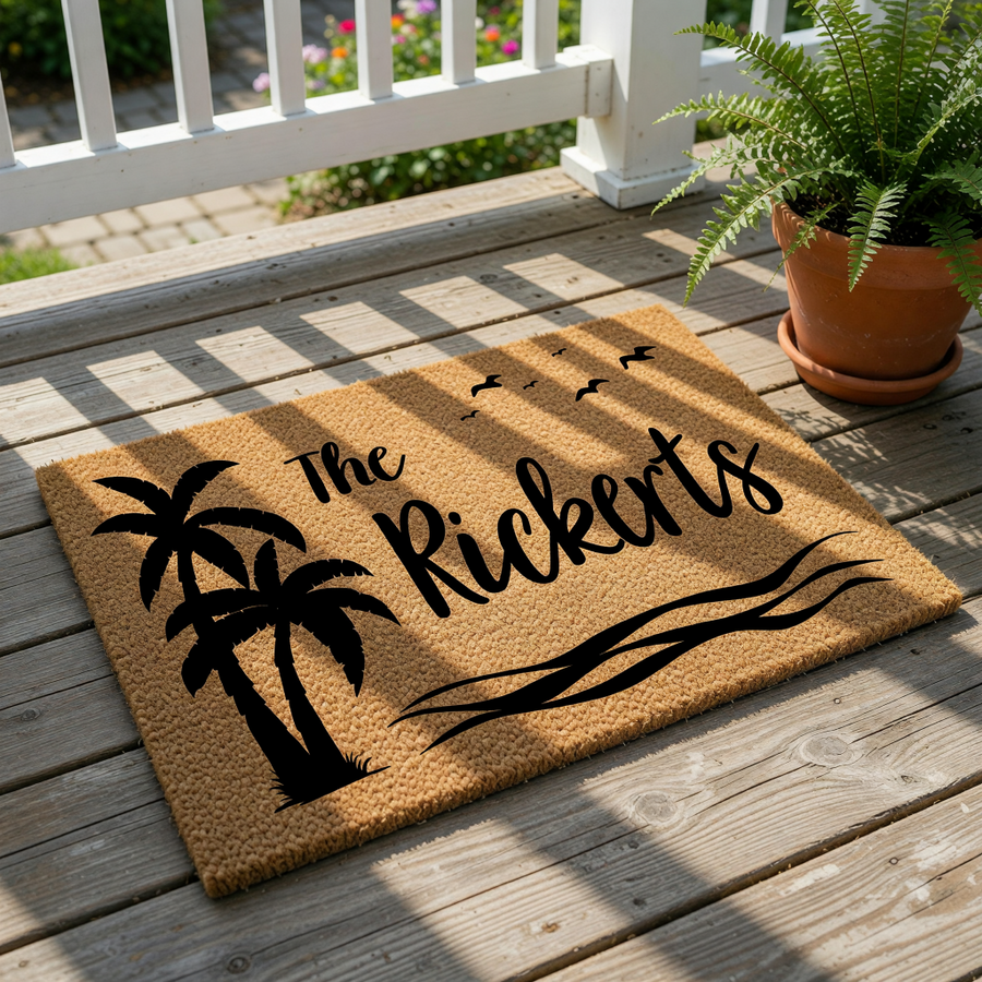 A decorative doormat with a palm tree and birds design, along with the text "The Rickerts" printed on it.