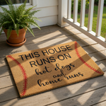 a textured area rug with the text "THIS HOUSE RUNS ON hot dogs and home runs" printed on it.