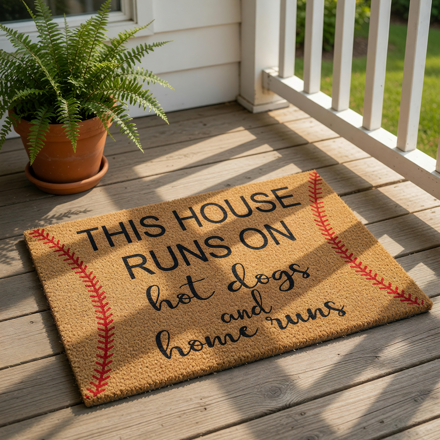 a textured area rug with the text "THIS HOUSE RUNS ON hot dogs and home runs" printed on it.