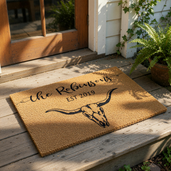 a custom-made rug with a stylized bull's head and the text "The Robinsons EST 2019" printed on it.