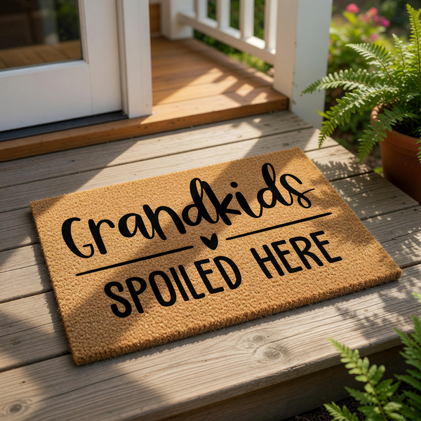 A textured door mat with the phrase "Grandkids spoiled here" printed on it.