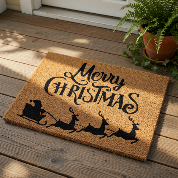 a merry christmas door mat with a santa sleigh on it