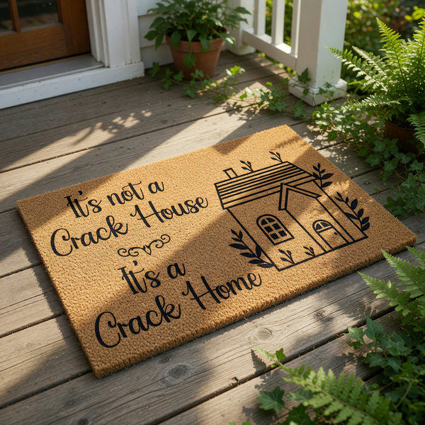 A textured door mat with a house illustration and the text "It's not a crack house, it's a crack home" printed on it.