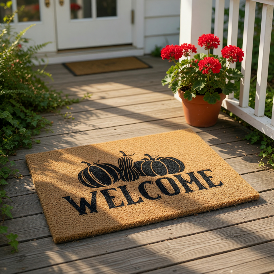 A welcome mat with the word "WELCOME" printed on it, along with silhouettes of pumpkins and gourds.