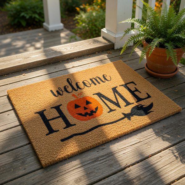 A welcome mat with the text "Welcome Home" and a jack-o-lantern graphic, along with a broomstick icon.