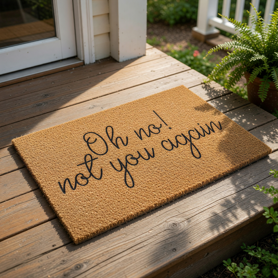 A textured doormat with the phrase "Oh no! not you again" printed on it.