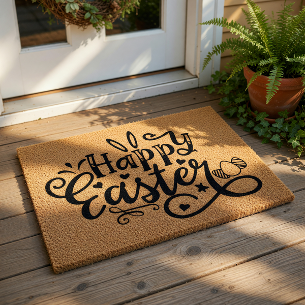 A decorative Easter-themed mat with the text "Happy Easter" printed on it.