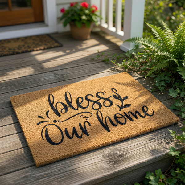 A textured doormat with the phrase "bless Our home" printed on it.