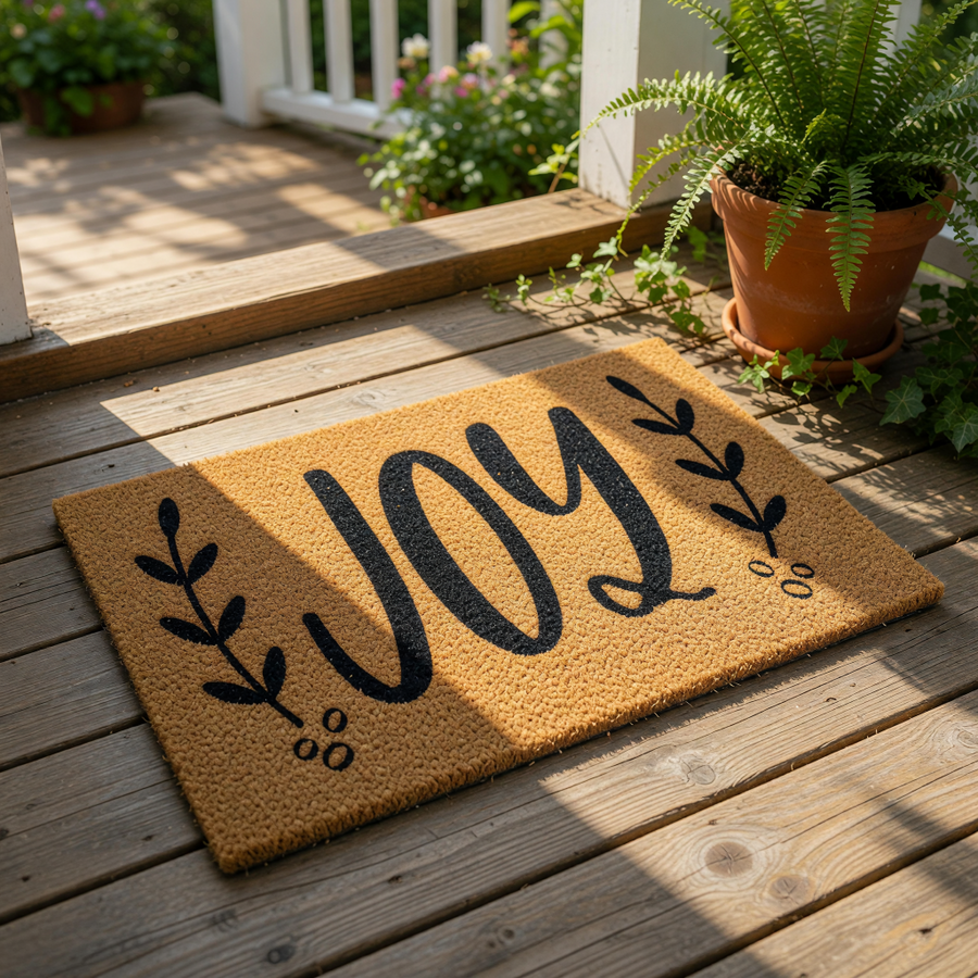 a christmas door mat with the word joy on it