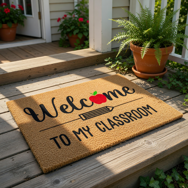 A welcome mat with the text "Welcome to my classroom" printed on it, along with an apple graphic.