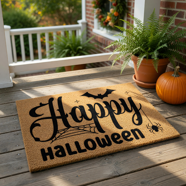 A rectangular door mat with the text "Happy Halloween" printed on it.