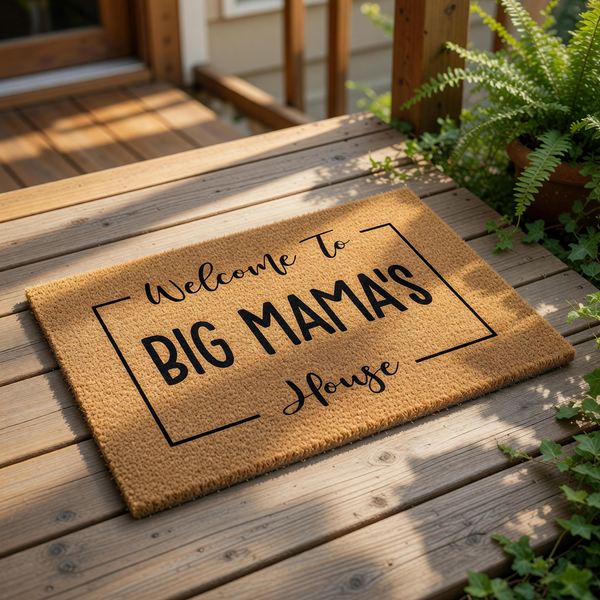 A welcome mat with the text "Welcome To BIG MAMA'S HOUSE" printed on it, surrounded by greenery and a straw hat.