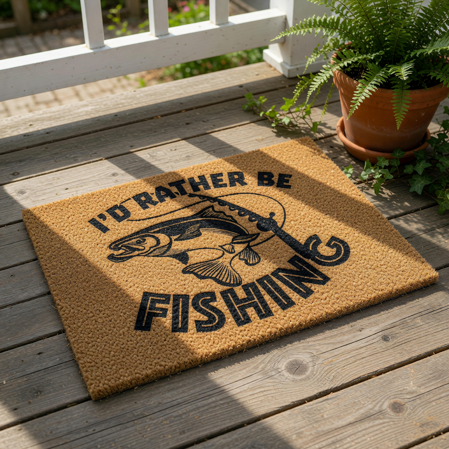A door mat with a humorous fishing-themed design, featuring a fish and a fishing rod.