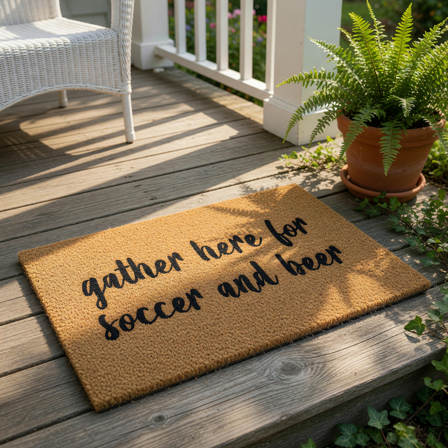 a textured area rug with the phrase "gather here for soccer and beer" printed on it.