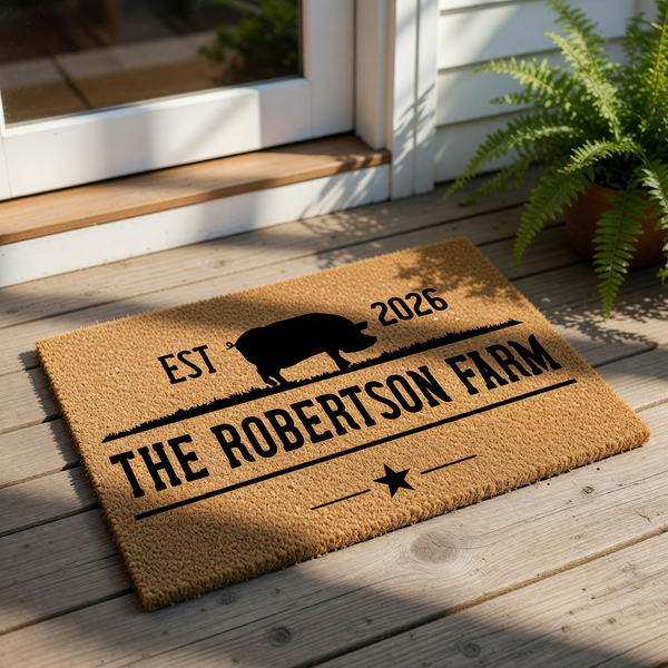 a black silhouette of a pig, along with the text "THE ROBERTSON FARM" and "EST. 2001" printed on a beige background.