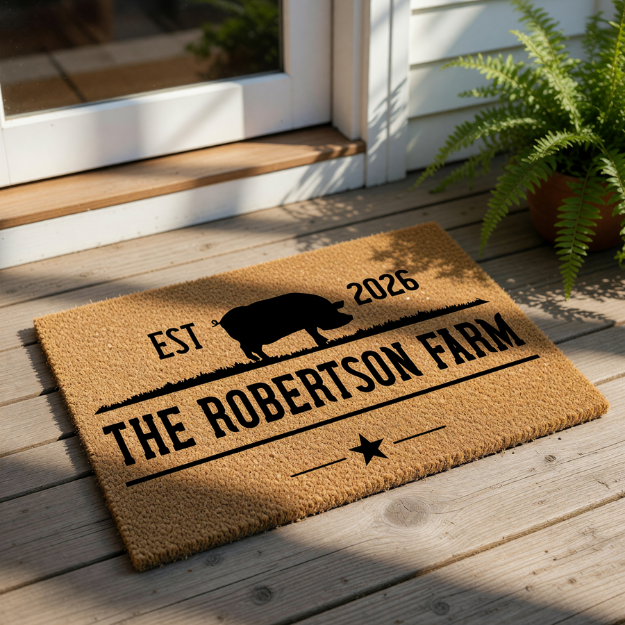 a black silhouette of a pig, along with the text "THE ROBERTSON FARM" and "EST. 2001" printed on a beige background.