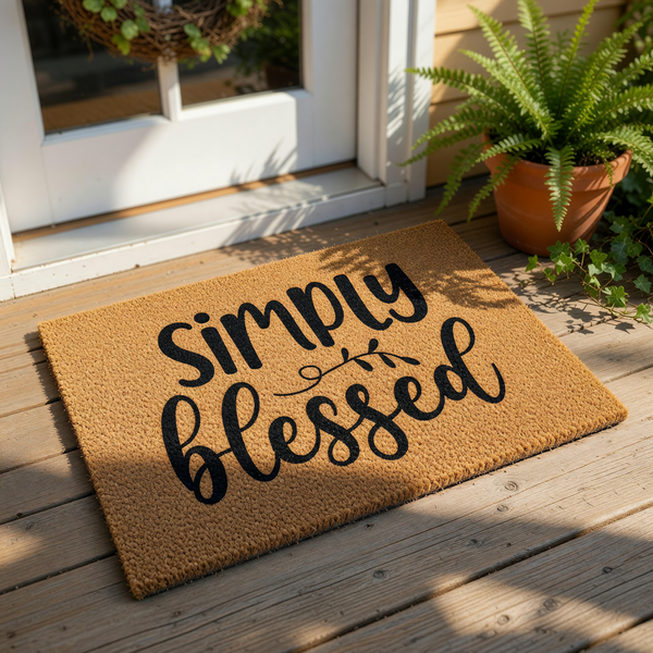 A textured doormat with the phrase "Simply Blessed" printed on it.