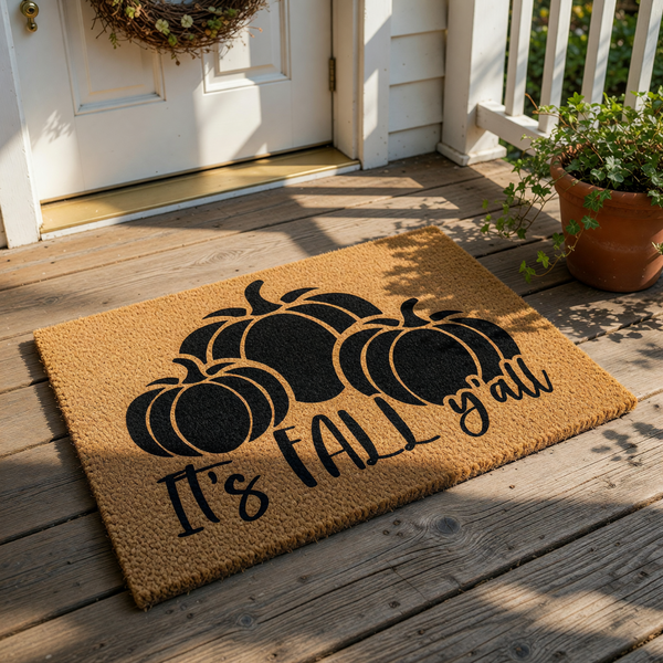 A door mat with a graphic design featuring three black pumpkins and the text "It's FALL y'all" printed on it.