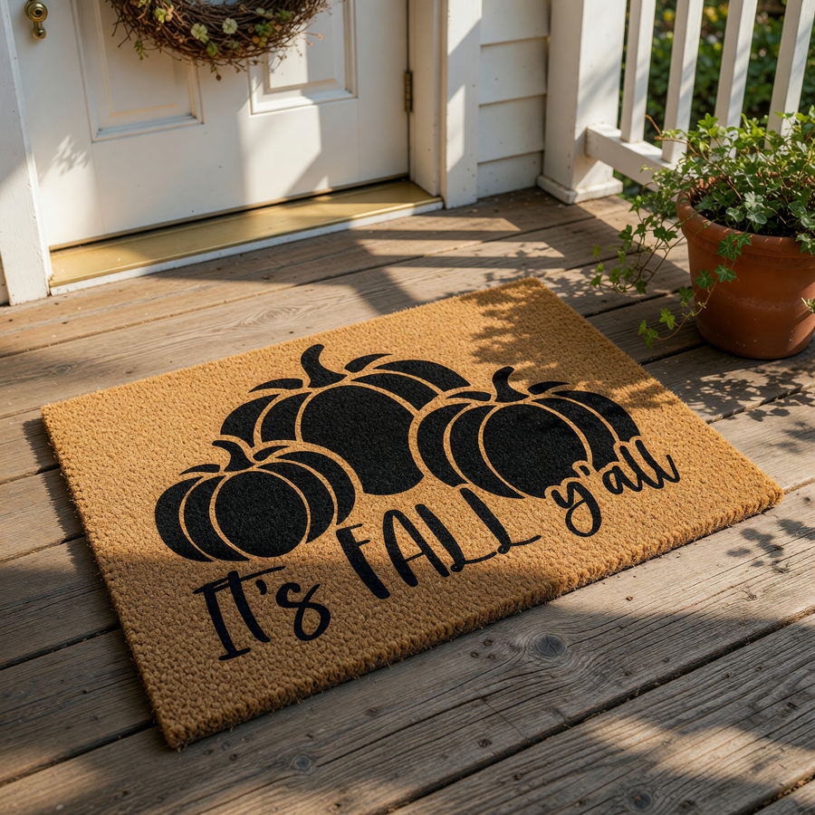 A door mat with a graphic design featuring three black pumpkins and the text "It's FALL y'all" printed on it.